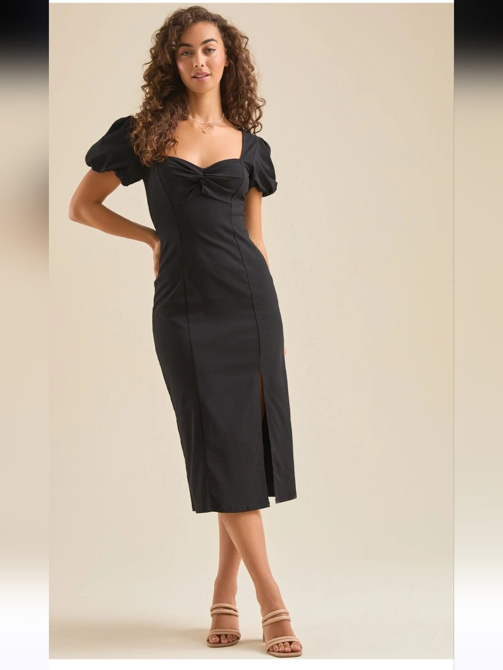 Black Alter'd State Puff-Sleeve Midi Dress with Front Slit